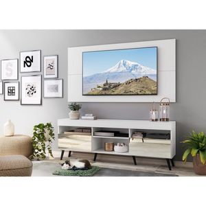 Rack com Espelho, Pés Retrô e Painel TV 65" com 2 Portas Londres Multimóveis Branco/Preto