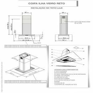 Coifa Fogatti Ilha Vidro Reto e temperado 90cm - Preto