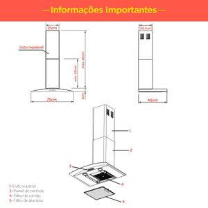Coifa De Parede 75cm Vidro Curvo Duto Slim Fogatti - Inox