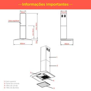 Coifa De Parede 60cm Vidro Curvo Duto Slim Fogatti - Inox
