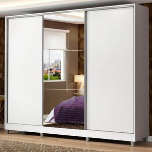 Guarda Roupa Casal 100% Mdf Madesa Zurique 3 Portas De Correr Com Espelho Com Pés - Branco