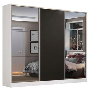 Guarda Roupa Casal 3 Portas de Correr Espelho Branco e Preto