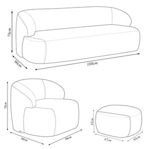 Conjunto Sala De Estar Charlote 1 Sofá 180cm 2 Lugares 1 Poltrona Base Fixa Com Puff Bouclê Cinza