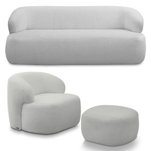 Conjunto Sala De Estar Charlote 1 Sofá 180cm 2 Lugares 1 Poltrona Base Fixa Com Puff Bouclê Cinza