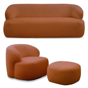 Conjunto Charlote 1 Poltrona Namoradeira 150cm 1 Poltrona Base Giratória Aço Puff Bouclê Terracota