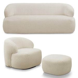 Conjunto Charlote 1 Poltrona Namoradeira 150cm 1 Poltrona Base Giratória Aço Com Puff Bouclê Bege