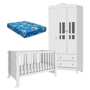 Berço Americano Mini Cama Com Guarda Roupa 3 Portas Ariel Branco Brilho Com Colchão Ortobom - Carolina