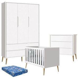 Quarto De Bebê Theo 3 Portas Com Colchão E Cômoda Gaveteiro Branco Acetinado Pés Madeira Natural