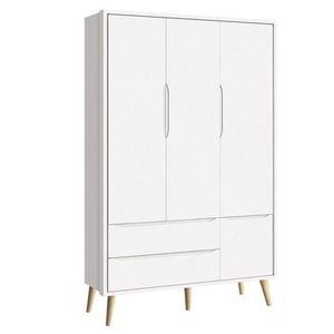 Quarto De Bebê Theo 3 Portas Com Colchão E Cômoda Gaveteiro Branco Acetinado Pés Madeira Natural