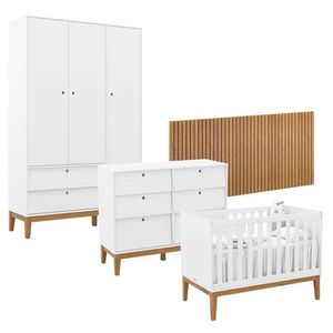 Quarto De Bebê Unique 3 Portas Com Cômoda 6 Gavetas E Painel Ripado Branco Soft Eco Wood - Matic