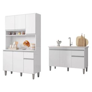Balcão De Pia Tatiane 120 Cm E Armário Cozinha Kit Márcia Ambiente Branco Brilho - Ajl
