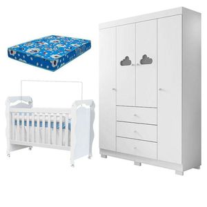 Berço Americano New Nanda E Guarda Roupa Infantil Ane Branco Brilho Com Colchão Ortobom