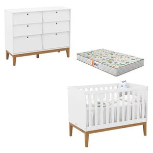 Berço Americano E Cômoda 6 Gavetas Unique Branco Soft Eco Wood Com Colchão Gazin - Matic