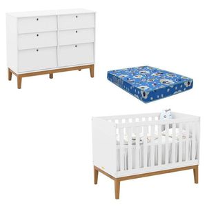 Berço Americano E Cômoda 6 Gavetas Unique Branco Soft Eco Wood Com Colchão Ortobom - Matic