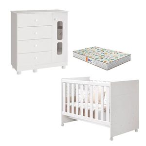 Berço Americano E Cômoda Infantil Katatau Flex Branco Brilho Com Colchão Gazin - Reller