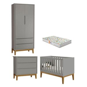 Quarto De Bebê 2 Portas E Cômoda Gaveteiro New Classic Cinza Com Pés Madeira E Colchão Gazin