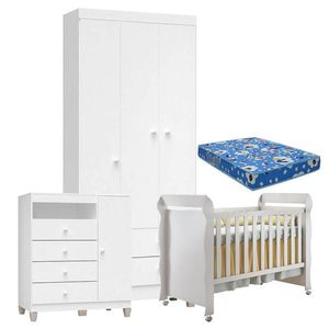 Quarto De Bebê 3 Portas Ternura Baby Com Berço Mirelle Branco Brilho Com Colchão - Incorplac