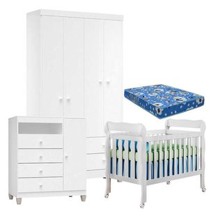 Quarto De Bebê 4 Portas Ternura Baby Com Berço Lila Branco Brilho Com Colchão - Incorplac