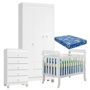 Quarto De Bebê 3 Portas Com Gaveteiro Ternura Baby E Berço Branco Brilho Com Colchão