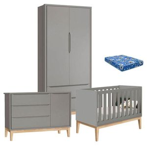 Quarto De Bebê Classic 2 Portas Com Colchão Cinza Pés Madeira Natural - Reller