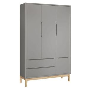 Quarto De Bebê Classic 3 Portas Com Colchão E Cômoda Gaveteiro Cinza Pés Madeira Natural - Reller