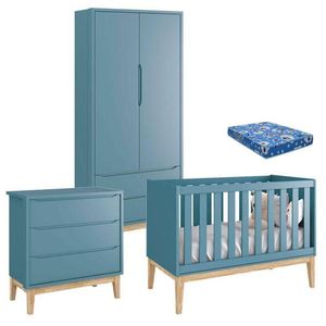 Quarto De Bebê Classic 2 Portas Com Colchão E Cômoda Gaveteiro Azul Pés Madeira Natural - Reller