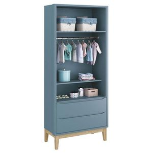 Quarto De Bebê Classic 2 Portas Com Colchão E Cômoda Gaveteiro Azul Pés Madeira Natural - Reller