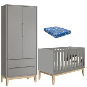 Berço Americano Com Colchão E Guarda Roupa Classic 2 Portas Cinza Pés Madeira Natural - Reller