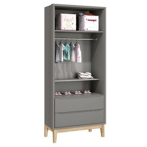 Berço Americano Com Colchão E Guarda Roupa Classic 2 Portas Cinza Pés Madeira Natural - Reller