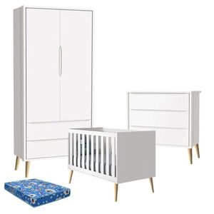 Quarto De Bebê Theo 2 Portas Com Colchão E Cômoda Gaveteiro Branco Acetinado Pés Madeira Natural