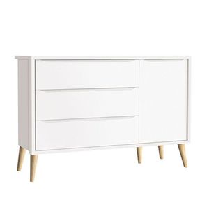 Cômoda Infantil Com Porta E Guarda Roupa 3 Portas Theo Branco Acetinado Pés Madeira Natural - Reller