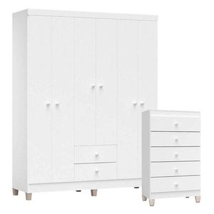 Cômoda Gaveteiro E Guarda Roupa 6 Portas Ternura Baby Branco Brilho - Incorplac