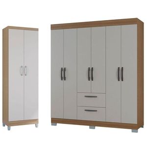 Guarda Roupa Casal Tóquio 6 Portas Com Armário Multiuso 2 Portas Castanho Off White - Poquema