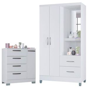 Cômoda 868 4 Gavetas E 1 Porta Com Guarda Roupa Solteiro Córdoba 2 Portas Branco Brilho - Poquema