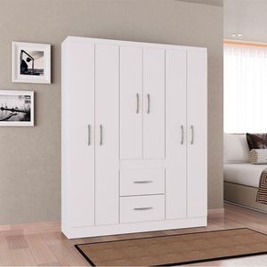 Cômoda 867 4 Gavetas Com Guarda Roupa Casal Milão 6 Portas Branco Brilho - Poquema