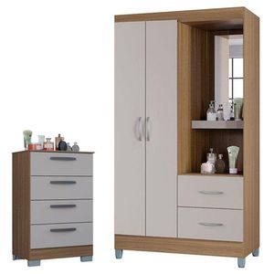 Cômoda 867 4 Gavetas Com Guarda Roupa Solteiro Córdoba 2 Portas Castanho Off White - Poquema