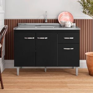 Balcão De Cozinha 120cm Com Tampo Gabriela 3 Portas 1 Gaveta Preto - Ajl