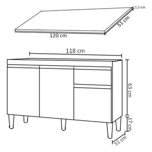 Balcão P/ Lavanderia 120cm Com Tampo Tatiane 3 Portas 1 Gaveta Branco - Ajl