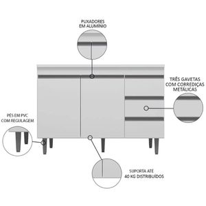 Balcão De Cozinha 120cm Com Tampo Andréia 2 Portas 3 Gavetas Branco - Ajl