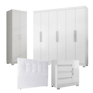 Guarda Roupa Casal 6000 Cômoda 8000 E Multiuso 6020 Com Pés Reto News E Cabeceira Luiza  Branco