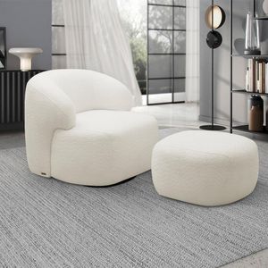 Conjunto Poltrona Base Giratória e Puff Decorativo Charlote Sala de Estar Bouclê Off White G88 - Gran Belo