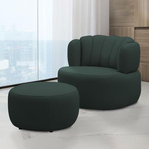 Conjunto Sala de estar Mariele Poltrona Base Giratória Aço com Puff Couro Verde Musgo