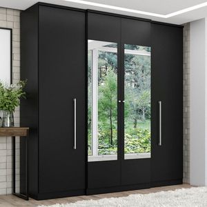 Roupeiro com Espelho Casal 4 Portas THB Splendore Glass, Preto, 181 cm