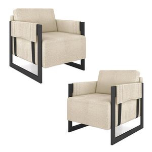 Kit 2 Poltronas Decorativa Sala de Estar Moria Base em Ferro Bouclê Preto/Bege G33 - Gran Belo