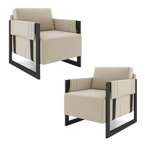 Kit 2 Poltronas Decorativa Sala de Estar Moria Base em Ferro Veludo Preto/Bege G33 - Gran Belo