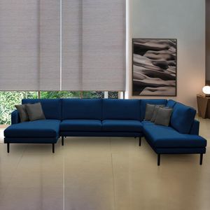 Sofá Decorativo Sala de Estar Osaka 340cm Modulado em U com Almofadas Linho Azul Marinho