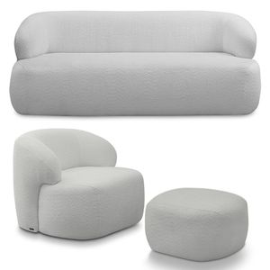 Conjunto Sala de Estar Decorativo Charlote 1 Poltrona Namoradeira 150cm 1 Poltrona Base Fixa com Puff Bouclê Cinza G88 - Gran Belo