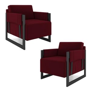 Kit 2 Poltronas Decorativa Sala de Estar Moria Base em Ferro Veludo Preto/Bordô G33 - Gran Belo