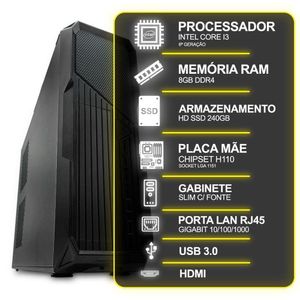 Computador Desktop Slim, Intel Core I3 6º Ger, 8gb Ram, Hd Ssd 240gb, Conexões Usb/vga/hdmi/lan/som