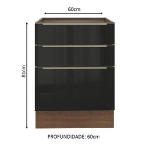 Balcão Madesa Lux 60 cm 3 Gavetas Rustic e Preto